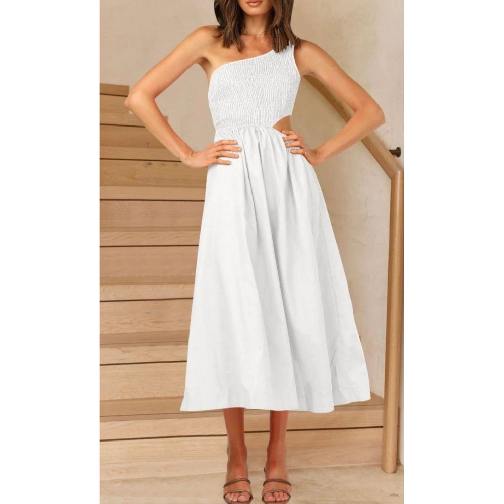 One Shoulder Smocked Cutout Waist Sundress Flowy A-Line Dress White Women Size S - Picture 3 of 17